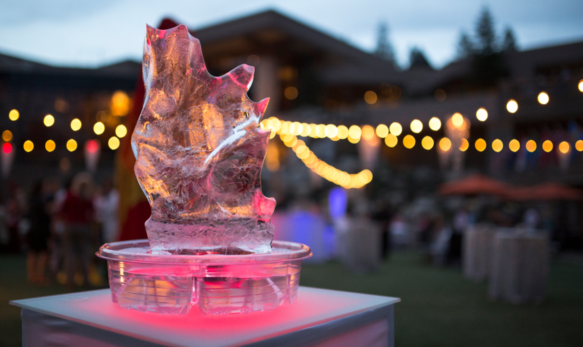 Pink Ice Sculpture At Outdoor Pavilion Banquet