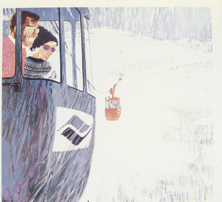 Drawing of two people riding a gondola in Vail